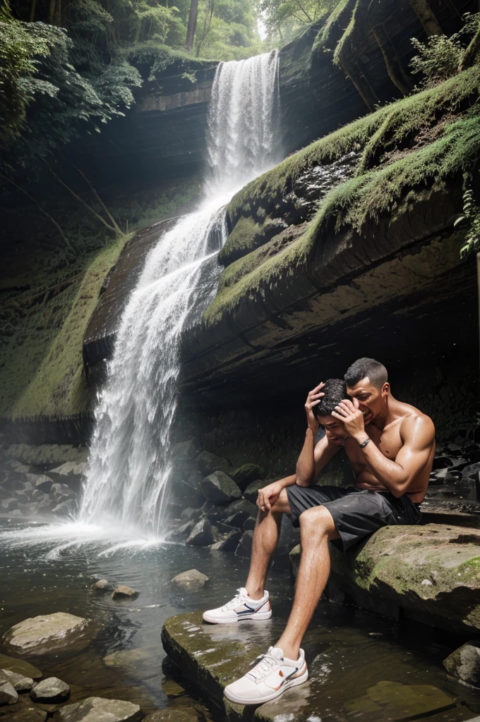 man with cuts on his mouth is crying tiredly and his girlfriend is calling him from near the waterfall. 