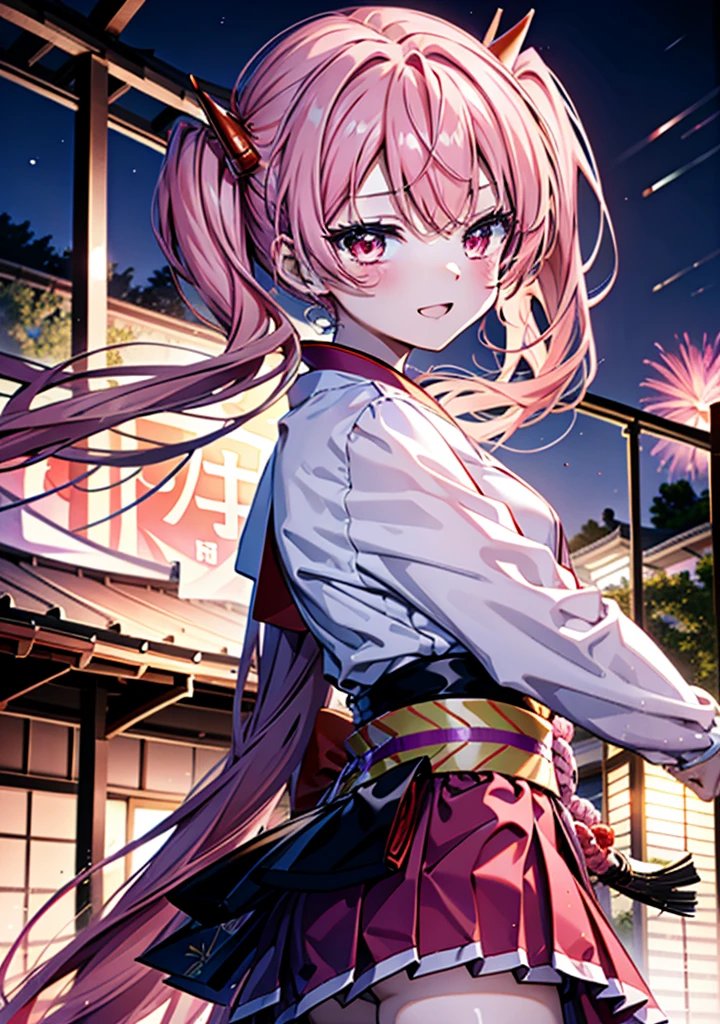 Aria h kanzaki,horn,Pink Hair,Long Hair,low 　Twin tails,Red eyes,happy smile, smile, Open your mouth,pink kimono,Thick sleeves,日本のfestival,夏festivalの屋台,Red Lantern,night,night空のfirework,firework,場所はfirework大会,時間はnightです,sunny day,turn around,as if,walk,　　　　　　　　　　　　　　　  　　　　　break looking at viewer, Upper Body, (Cowboy Shot:1. 5),  　　　　　
break outdoors, festival,shrine,
break (masterpiece:1.2), Highest quality, High resolution, unity 8k wallpaper, (shape:0.8), (Beautiful attention to detail:1.6), Highly detailed face, Perfect lighting, Highly detailed CG, (Perfect hands, Perfect Anatomy),