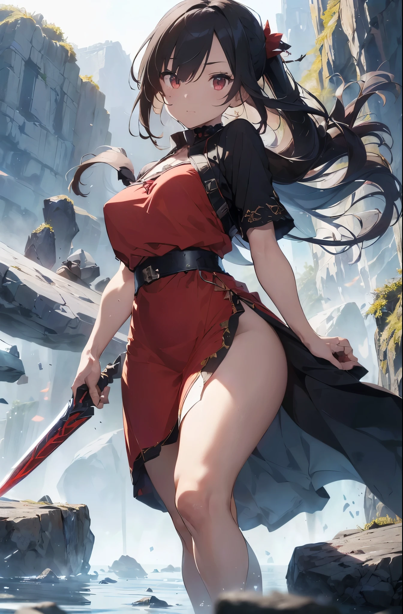 Woman holding a dagger lowered from behind a large rock, ((olhar focado)), ((detailed hands)), Her red dress swaying in the air with some shot holes, ((action scene)), ((motion printing)), seu cabelo ((verde escuro)) Shaking in the same direction as the dress. estilo anime, filme animado