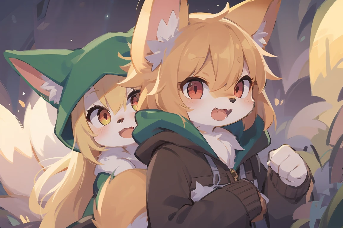 flat color, shota the fox, , was hairy, shaggy, skin fur, smooth lashes, golden fur, forelimb hands, straight long blonde hair, solid circle eyes, golden ears, golden fur, golden facial fur, shiny hair, red eyes, super cute face, 1fox tail, fluffy tail, furry tail, glowing eyes, green coat green hood down, brown trousers, open mouth, ambient light, ultra-fine fur, dashed eyes, masterpiece, high quality, high-details, best quality, (solo)