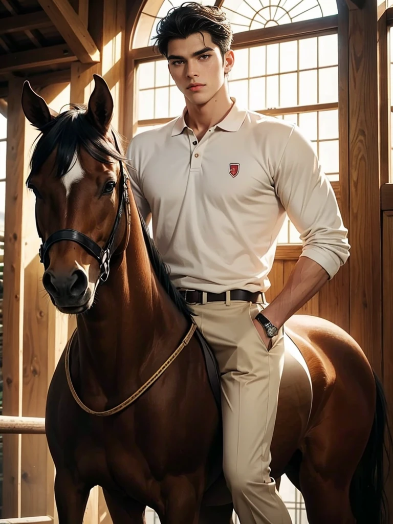portrait headshot of a A tall handsome 27 year old man in a red and white long sleve polo shirt and white ridding pants and knee length black boots. Holding a black horse by the harness with his left hand. He has black hair with a 70s-Inspired Shag brown eyes and light tan skin. He is muscular, athletic, and strong. In the background is a stable is a building in which livestock, especially horses, are kept.