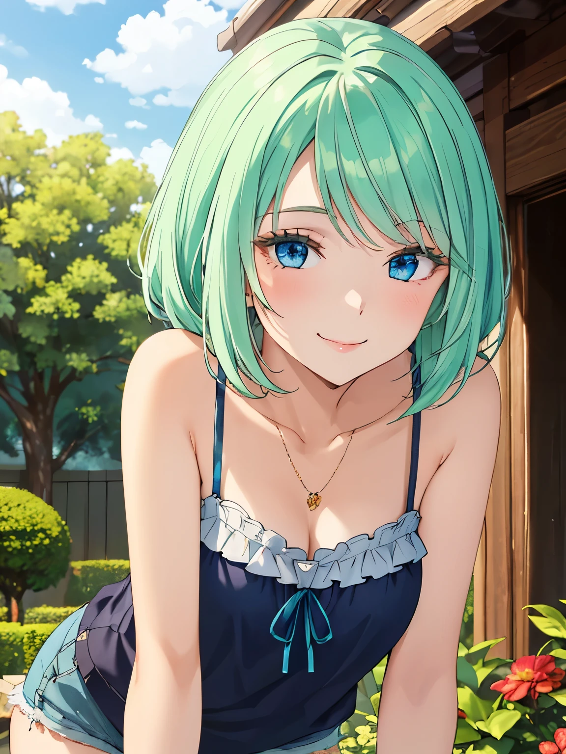 Highest quality、High resolution、whole body、One Girl、mjurran 、Miulan、 Green Hair、Shortcuts、Beautiful attractive blue eyes、Highly detailed face、smile、Closed Mouth、smile,garden,Private Server、Absolute reference to the center、camisole、Shorts、4Ｋ，8Ｋ,(Genuine、Genuine志向、写真Genuine志向:1.5）、High resolution、超High resolution、超High resolutionの絵画、Cowboy Shot、Leaning forward