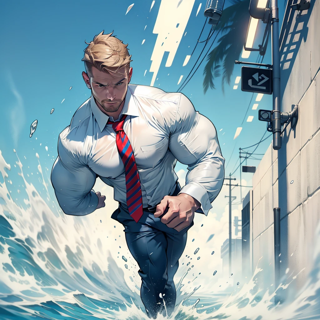 1 man, male focus solo, middle aged man,Stephen AMELL as private investigator,  lean muscle,very  light blue shirt, marine blue businessman suit ,( red tie) ,( big bulge), full body shot, dark blond short hair, well groomed facial hair, holding a gun with one hand, , ultra high quality, masterpiece, (clear intense splashed blue and white paint in the blackground)