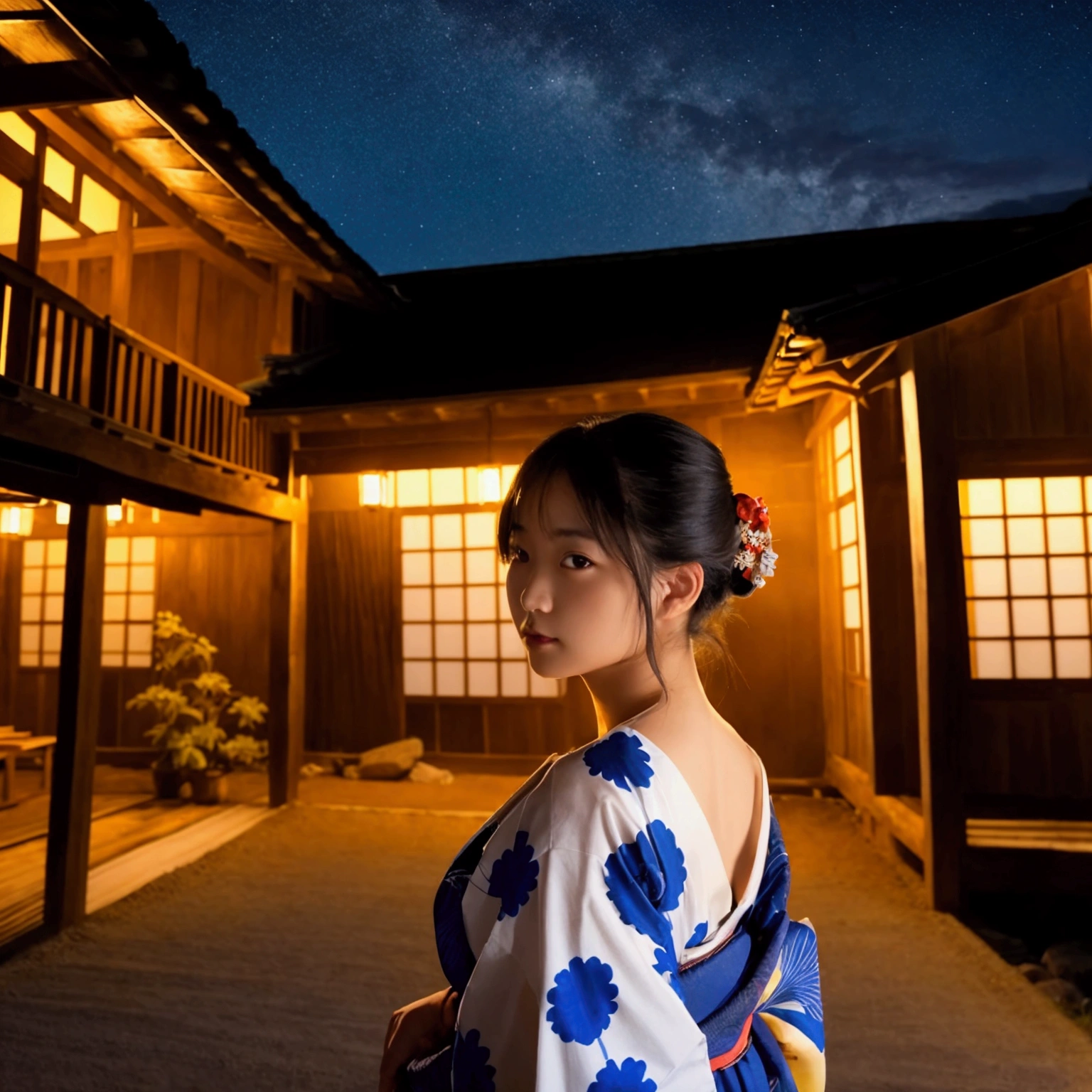 Beautiful girl wearing a yukata, Old house, Distant eyes, A clear silhouette, sunny, Outdoor starry sky on a summer night, Very detailed and great quality, tendency, masterpiece, 8K high resolution artwork created at Art Station