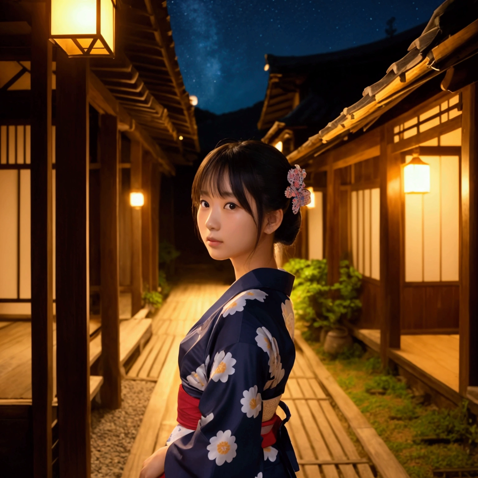 Beautiful girl wearing a yukata, Old house, Distant eyes, A clear silhouette, sunny, Outdoor starry sky on a summer night, Very detailed and great quality, tendency, masterpiece, 8K high resolution artwork created at Art Station