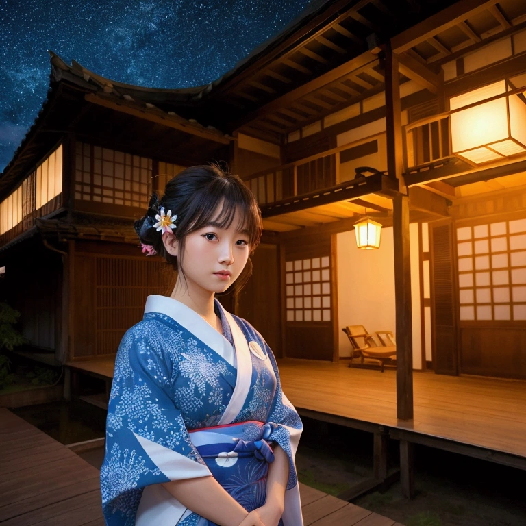 Beautiful girl wearing a yukata, Old house, Distant eyes, A clear silhouette, sunny, Outdoor starry sky on a summer night, Very detailed and great quality, tendency, masterpiece, 8K high resolution artwork created at Art Station