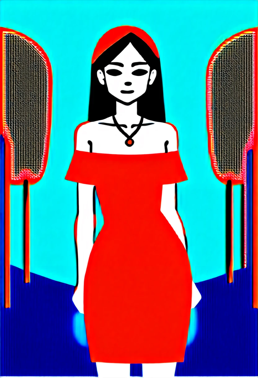 In a watercolor, anime-style, 2D illustration, at eye level, a woman with fair skin, long brown hair and a wide-shouldered red dress walks towards the viewer along a gray asphalt road. She is dressed in a short, off-the-shoulder dress with ruffles at the bottom and off-the-shoulder sleeves. Her hair is styled in curls that cascade down to her shoulders. Her lips are a deep red and she wears a gold necklace with a small pendant. Her eyes are closed and her mouth is open. The dress is fitted at the waist with a slim fit and has a ruffled bottom that cascades down to the knees. the road she is walking on is gray asphalt and has a curb that curves around her. The background is blurred, but it appears to be a blurred image of a tree or building.

