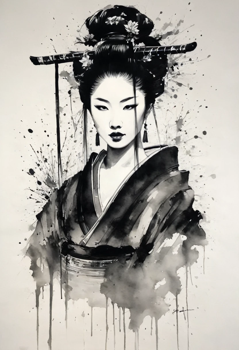 Sumi-e style,Ink and ink painting,Black and white painting,splash,Nikole Kidman,Oiran,