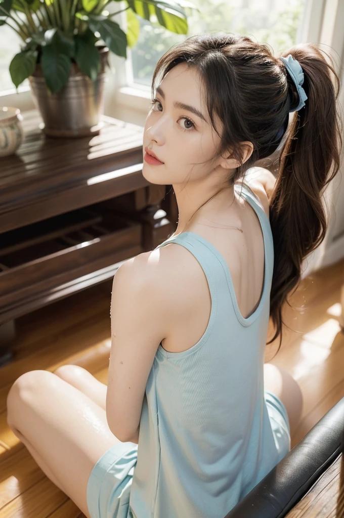 (((best quality))),(((ultra detailed))),(((masterpiece))),illustration,(1 beautiful girl,solo),((slim,thin)),((small breasts,flat chest)),(blush:1.5),summer afternoon,living room,sanctuary of tranquility,fitness,grace,(short ponytail:1.2),effortless elegance,((light blue yoga tank top,matching shorts)),youthful radiance,enchanting,inspiring,(sitting on treadmill:1.3),body drenched in perspiration,(sweat:1.5),dedication,inner strength,determination,composed,focused,eyes,lush potted plant,greenery,life,vitality,soft sunlight,warm patches of light,wooden floor,fragrant cookies,cozy ambiance,attire,functional,fashionable,comfort,flexibility,slender figure,curves,lightweight material,unrestricted movement,grip,treadmill's belt,propel,forward,serene expression,slight smile,lips,focused on horizon,visualizing goals,dreams,radiant beauty, comfortable clothing,determined spirit,captivating,inspiring image,essence of summertime fitness,self-care,((from front,upper body))
