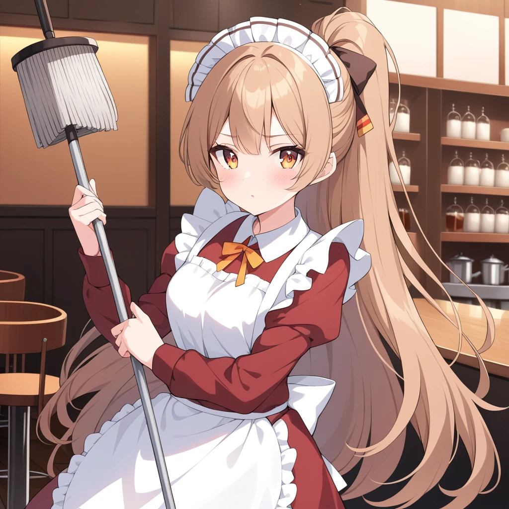 Clear for content,maid cafe woman,high quality,amber hair,amber eyes,amber maid dress,holding mop,perfect face,adult,long hair,cafe background,perfect light,high detailed eyes,adult woman,28 years old,high detailed character,Very long ponytail hair