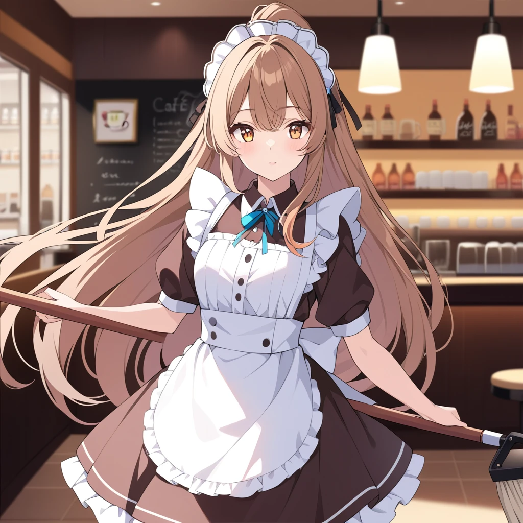 Clear for content,maid cafe woman,high quality,amber hair,amber eyes,amber maid dress,holding mop,perfect face,adult,long hair,cafe background,perfect light,high detailed eyes,adult woman,28 years old,high detailed character,Very long ponytail hair