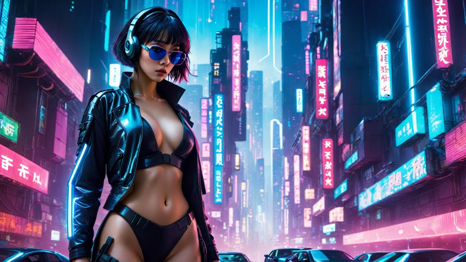 aerial view, dark night, A vast cyberpunk landscape set in Korea with ((flying cars)) and neon lights, in shades of pink, blue and red, (Matrix style cascading code), in the style of Blade Runner and Ghost In The Shell. (((((1girl, solo, alone))))), large-breast:1.2 slim body, cleavage:1.1, sexy miniskirt, ((((headphone, black sunglasses, standing and holding pistol pose)))), (((half-body thigh level medium shot))), cinematic lighting, lens flare, ray tracing.