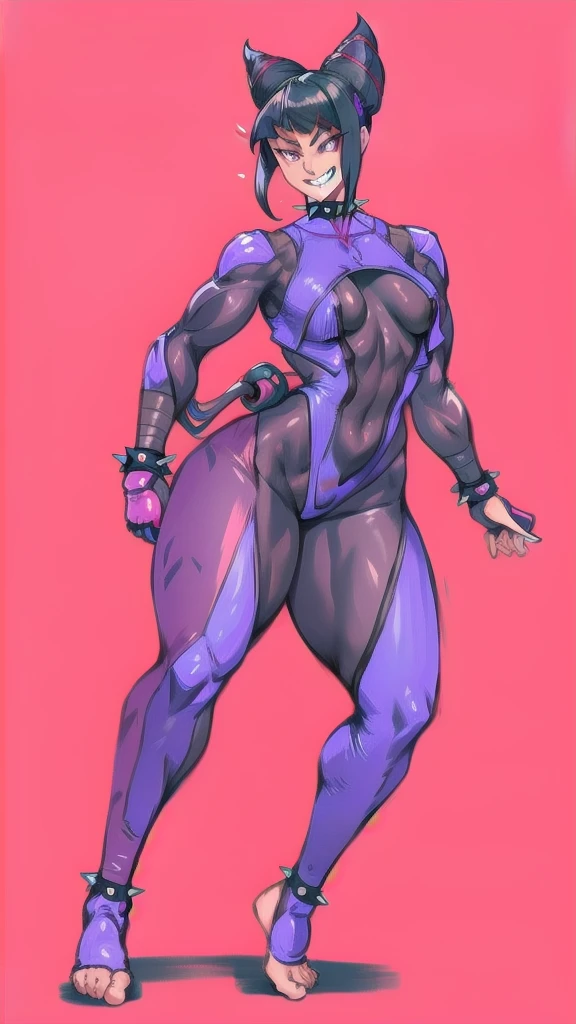 Full body image of Juri Han from Street Fighter 5, wearing her original outfit (black and purple bodysuit with spiked accents, barefoot with taped feet, and arm guards), short black hair styled in twin buns, female body, athletic and flexible body, dynamic pose, detailed pose, simple background, expressive face showing a mischievous grin, focus on face, line art, sketch