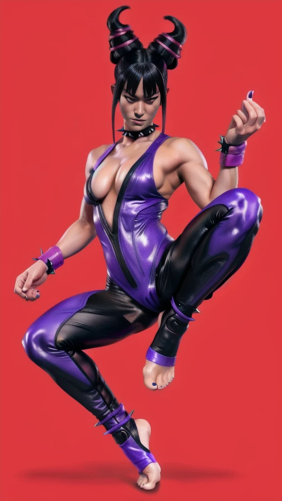 Full body image of Juri Han from Street Fighter 5, wearing her original outfit (black and purple bodysuit with spiked accents, barefoot with taped feet, and arm guards), short black hair styled in twin buns, female body, athletic and flexible body, dynamic pose, detailed pose, simple background, expressive face showing a mischievous grin, focus on face, line art, sketch