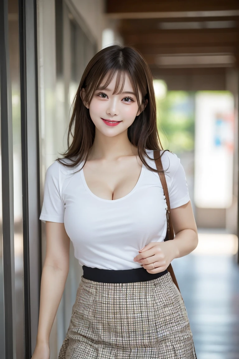 School Corridor, Highest quality, shape, Very detailed, In detail, High resolution, 8k wallpaper, Perfect dynamic composition, Beautiful details,  Natural Lip, Tight skirt, Big Breasts, Cleavage, She is smiling in a cute pose.., A masterpiece of the whole body, Side Short