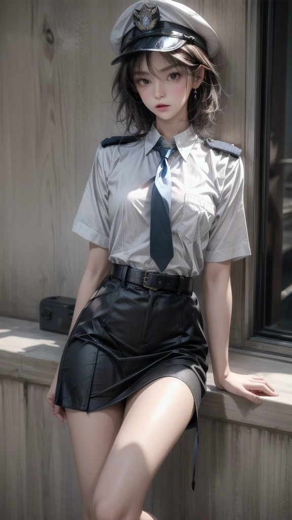 policewoman uniform, light blue short sleeved shirt, navy necktie, high waisted miniskirt, belt, white gloves, police hat, handcuffs, absurdres, RAW photo, extremely delicate and beautiful, masterpiece, Best Quality, ultra high resolution, 32k, hyperrealistic, ultra-detailed, detailed description, pale skin, 20 years old, tearful mole, earring, short medium hair, wavy hair, whole body shot, legs, Redhead, Red eyes, 