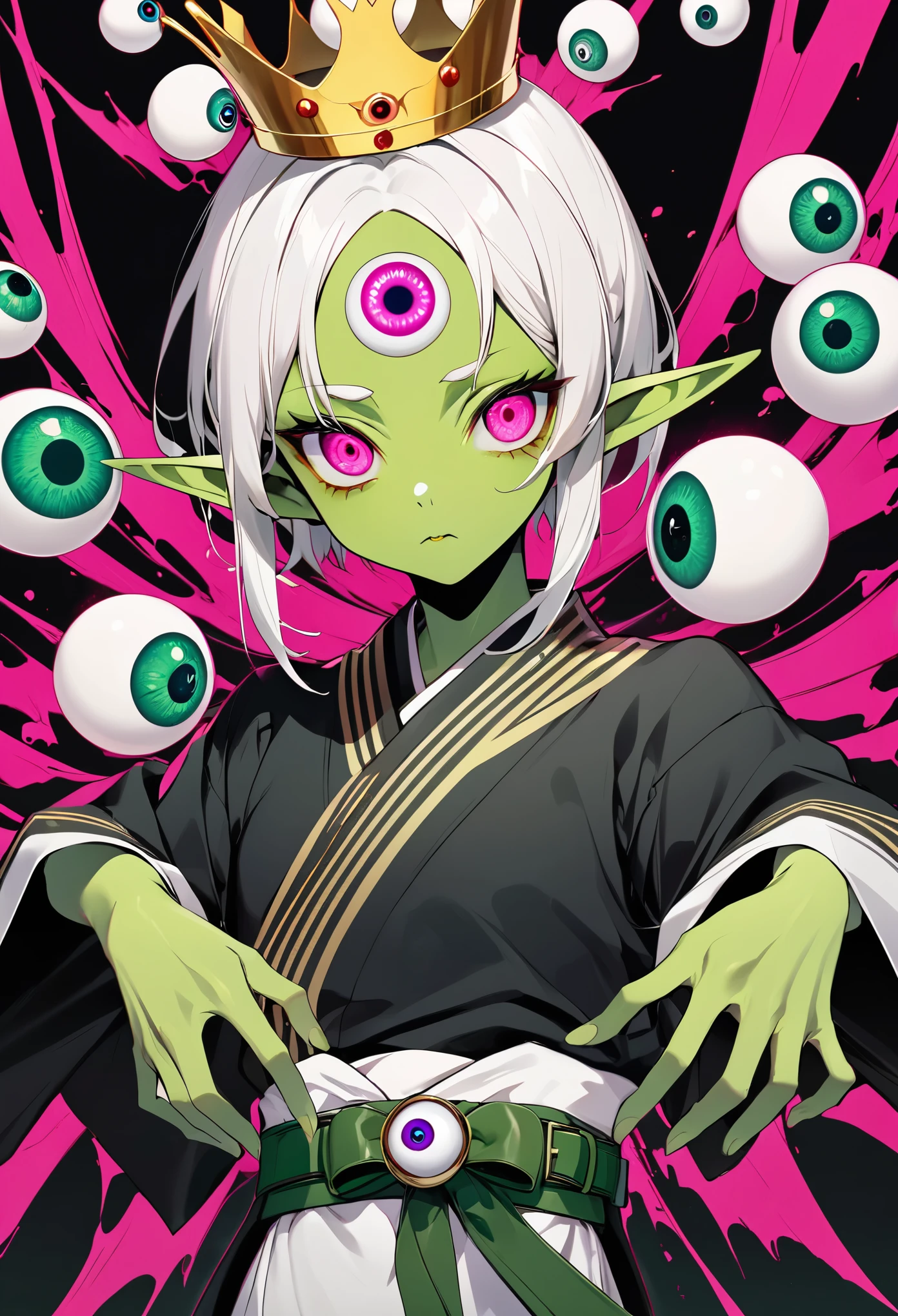 Japanese Anime，Second Dimension，Horror style，horror character，(((Three-eyed boy，独奏，third eye on the forehead，Dark eyeshadow，White short hair，Elf ears，Green Skin，Exaggerated golden crown-eyeball decoration))),(((Japanese clothing))).(((Thin waist，Green belt：1.6))).Pure pink background