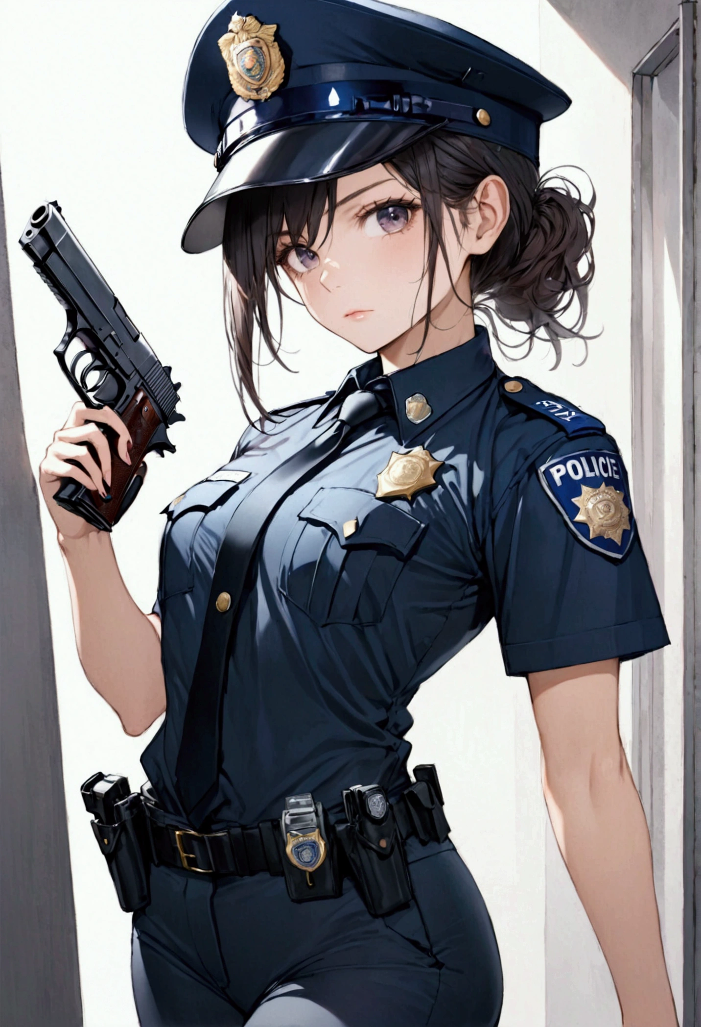 1 girl, police, cap, Policewoman, Sexy,Holding a pistol
