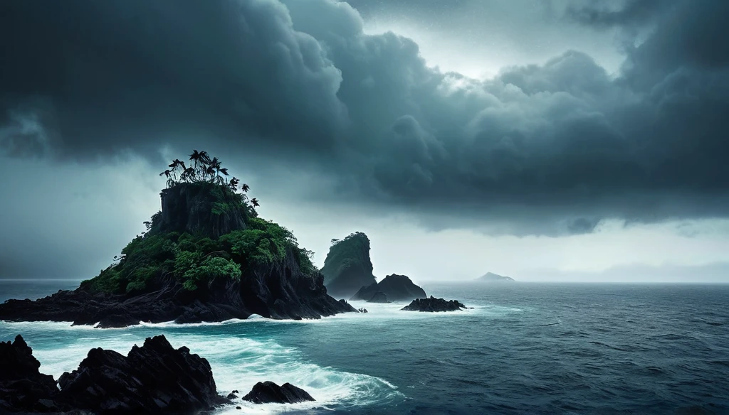 A breathtaking panoramic view of a mysterious dark fantasy island in the middle of the vast ocean,dark fantasy and horror, bathed in the fog and stormy clouds, captured with the cinematic quality of a DSLR camera, with a touch of film grain adding to the sense of realism and drama, showcasing the island's beguiling and deadly beauty, storm on ocean, deadly rocky ring around island