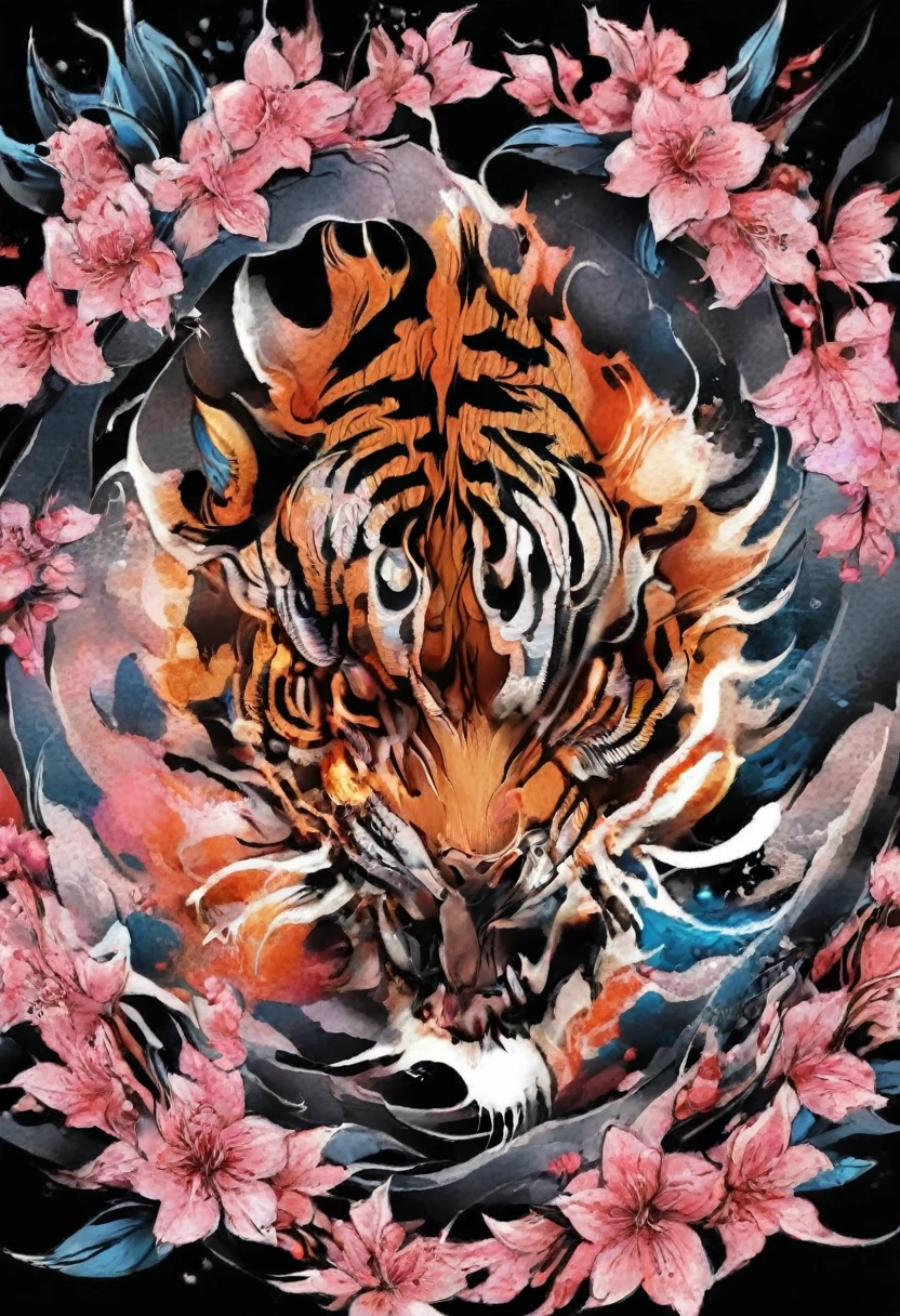 Traditional Japanese tattoo design, realistic tattoo art of Orange tiger with (((Blue eyes))) with pink sakura petal effect ,he is with open mouth looking very fierce and angry, the background is Japanese wave tattoo, (Unity 16K Wallpaper, masterpiece, Best Quality, high quality, Ultra-detailed, extremely details), a tattoo design, realistic tattoo art of Orange tiger with (((Blue eyes))) with pink sakura petal effect ,he is with open mouth looking very fierce and angry, the background is Japanese wave tattoo, upper arm tattoo,
