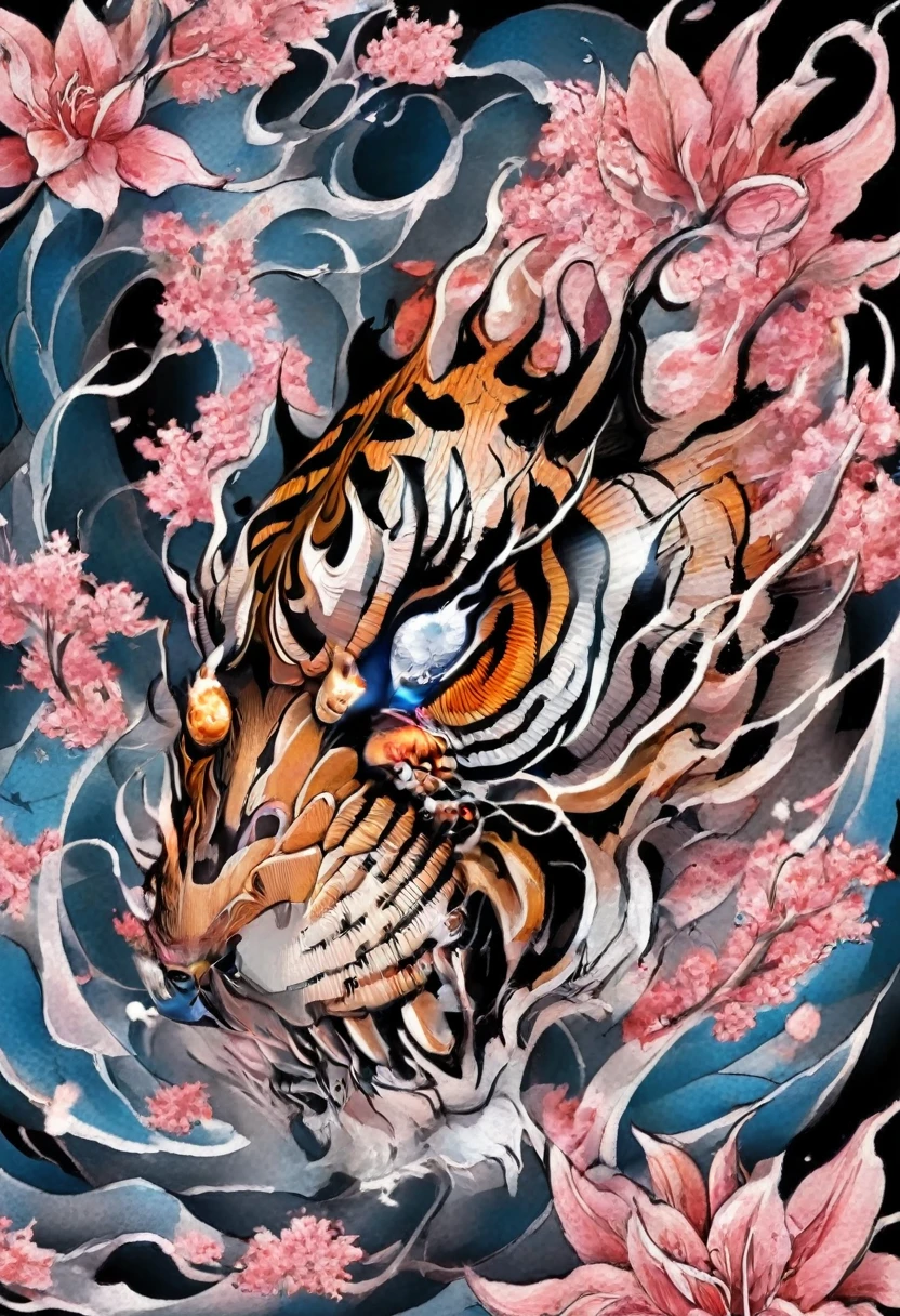 Traditional Japanese tattoo design, realistic tattoo art of Orange tiger with (((Blue eyes))) with pink sakura petal effect ,he is with open mouth looking very fierce and angry, the background is Japanese wave tattoo, (Unity 16K Wallpaper, masterpiece, Best Quality, high quality, Ultra-detailed, extremely details), a tattoo design, realistic tattoo art of Orange tiger with (((Blue eyes))) with pink sakura petal effect ,he is with open mouth looking very fierce and angry, the background is Japanese wave tattoo, upper arm tattoo,
