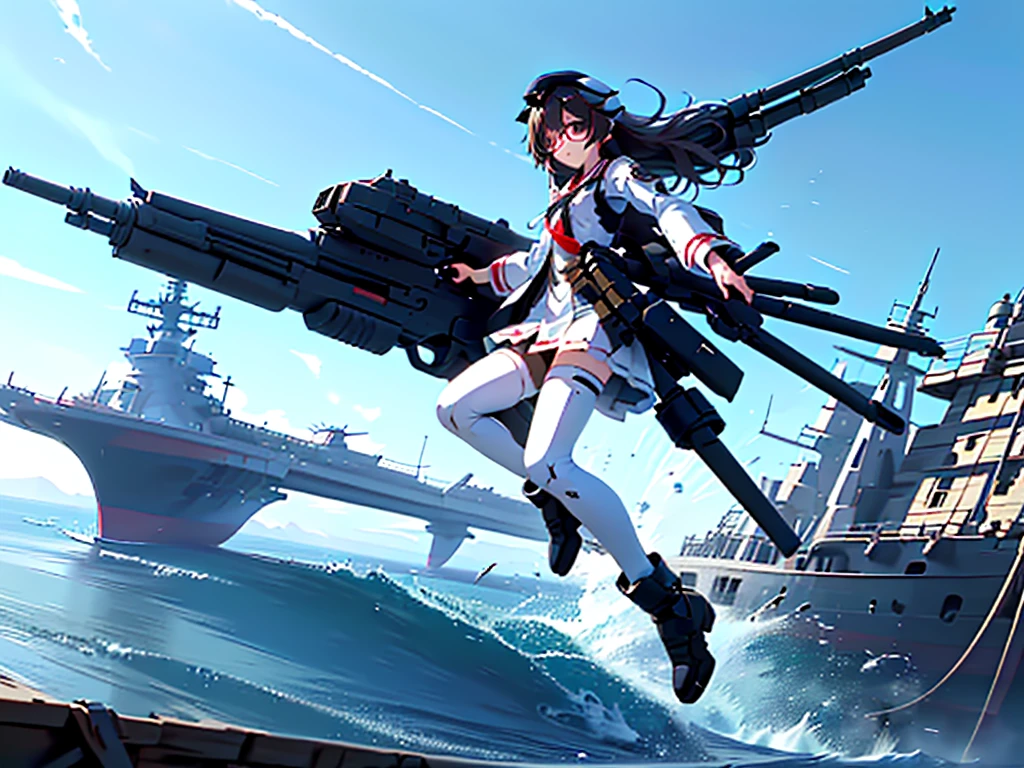 (((masterpiece, Vision))), ((((Full body of a woman with perfect flat chest、1 Female、solo、Short unkempt black hair、Tie your messy hair at the nape of your neck、white military jacket、Miko costume、black tights、Black glasses are black、White military cap、Cloudy black eyes、Confused eyes、Junyo-inspired emblem、Ship-style boots)))), (((Shipgirl))), ((Floating on the morning sea with both feet)), (Standing with your legs apart)), Aim, (Hold the shotgun turret grip with your right hand), (Four mechanical tentacles covered in white armor extend from its back.), (Holding a shotgun with metal tentacles), (Equipped with a bridge on the back), (His left arm holds the grip of a triple-barreled shotgun),