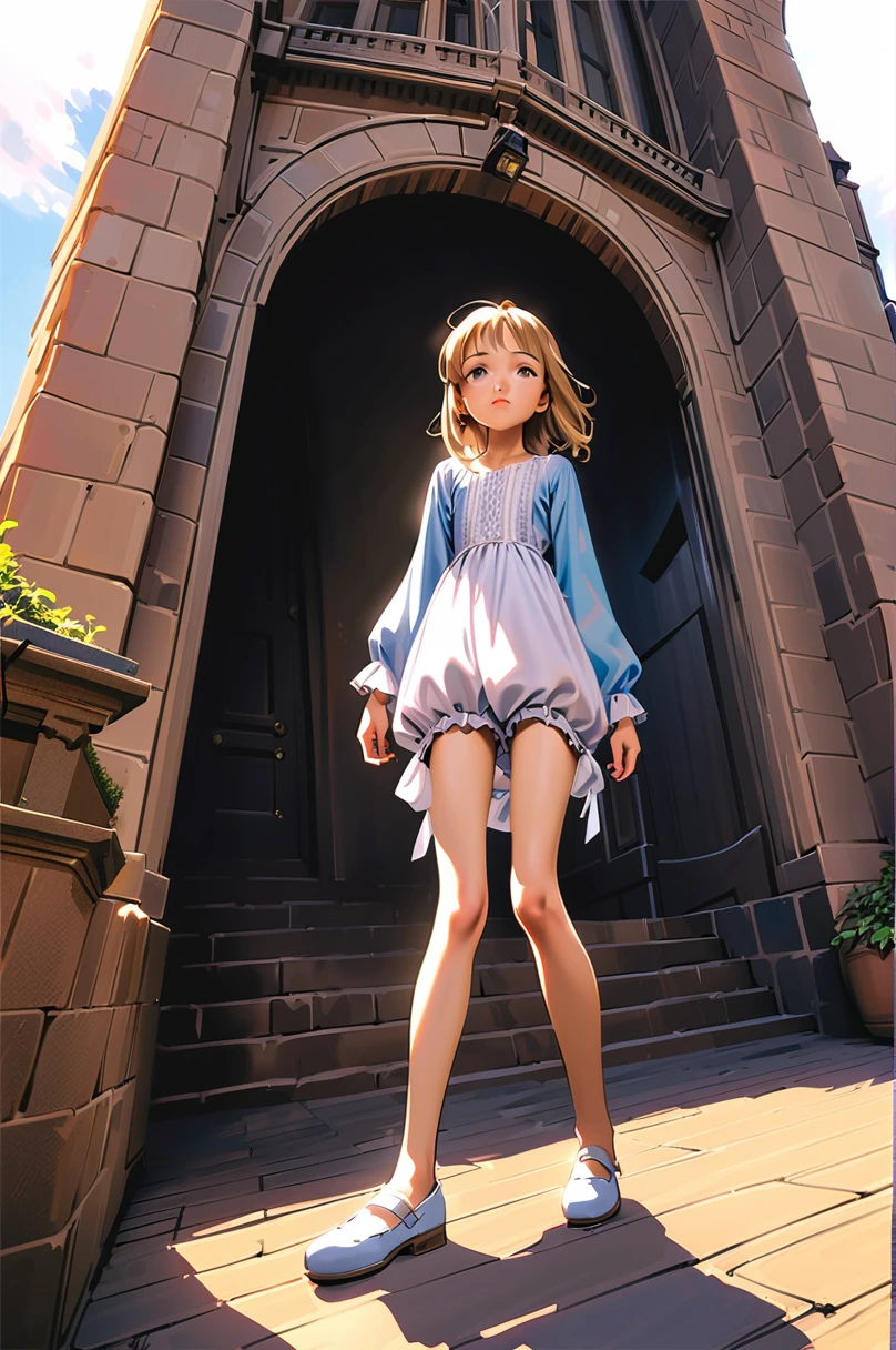 girl underwear, Realistic bloomers made from patterned cotton fabric, Medieval one-piece dress with panniers, Fabric Realism, Low - Angle, I see bloomers, Pull up the dress by hand, Strong winds, Translucent slip, Translucent slip, tights, Highest quality, whole body