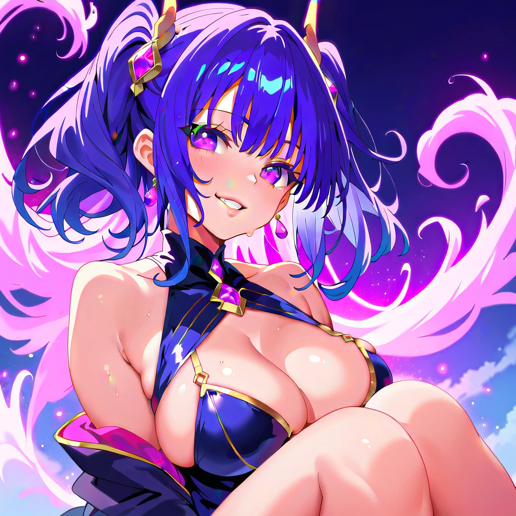 One young and beautiful woman,(Highest quality,Extremely detailed depiction,Incredibly absurd high resolution,Anatomically accurate depiction,Perfect body,Two curvaceous legs),(A fantastic goddess in a mysterious costume),(Gorgeous white outfit),eyelash,eye shadow,eyeliner,mascara,Flashy makeup,(Intensely glowing purple eyes,(Crazy Eyes),Glossy Lips,Wicked Smile,There is cleavage in the chest,whole body),Sweat,background:Temple of the Night,Purple light