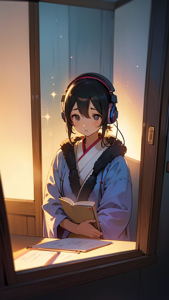 Beautiful girl studying in her room while listening to music with headphones、Warm lighting、Outside the room, Japanese anime style