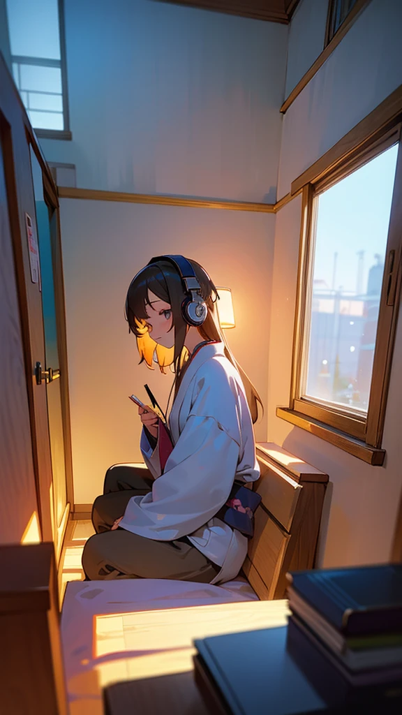 Beautiful girl studying in her room while listening to music with headphones、Warm lighting、Outside the room, Japanese anime style