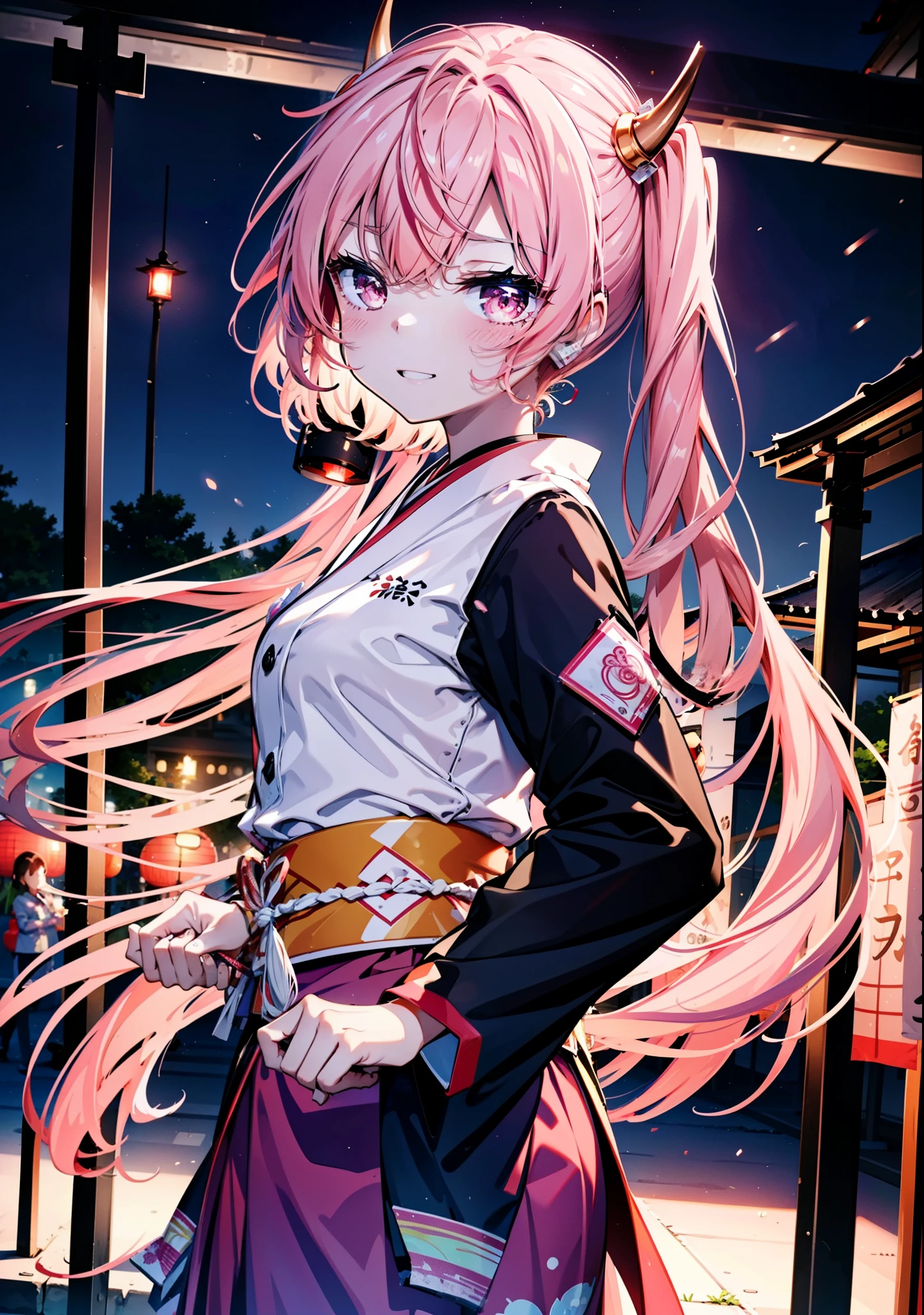 Aria h kanzaki,horn,Pink Hair,Long Hair,low 　Twin tails,Red eyes,happy smile, smile, Open your mouth,pink kimono,Thick sleeves,Long skirt,日本のfestival,夏festivalの屋台,Red Lantern,night,night空のfirework,firework,場所はfirework大会,時間はnightです,sunny day,turn around,as if,walk,　　　　　　　　　　　　　　　  　　　　　break looking at viewer, Upper Body, (Cowboy Shot:1. 5),  　　　　　
break outdoors, festival,shrine,
break (masterpiece:1.2), Highest quality, High resolution, unity 8k wallpaper, (shape:0.8), (Beautiful attention to detail:1.6), Highly detailed face, Perfect lighting, Highly detailed CG, (Perfect hands, Perfect Anatomy),