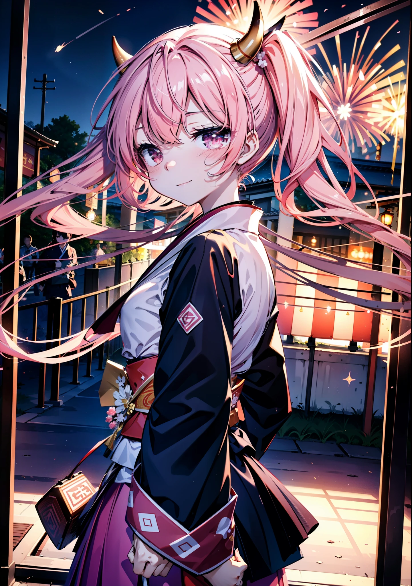 Aria h kanzaki,horn,Pink Hair,Long Hair,low Twin tails,Red eyes,happy smile, smile, Open your mouth,pink kimono,Thick sleeves,Long skirt,日本のfestival,夏festivalの屋台,Red Lantern,night,night空のfirework,firework,場所はfirework大会,時間はnightです,sunny day,turn around,as if,walk, break looking at viewer, Upper Body, (Cowboy Shot:1. 5),
break outdoors, festival,shrine,
break (masterpiece:1.2), Highest quality, High resolution, unity 8k wallpaper, (shape:0.8), (Beautiful attention to detail:1.6), Highly detailed face, Perfect lighting, Highly detailed CG, (Perfect hands, Perfect Anatomy),