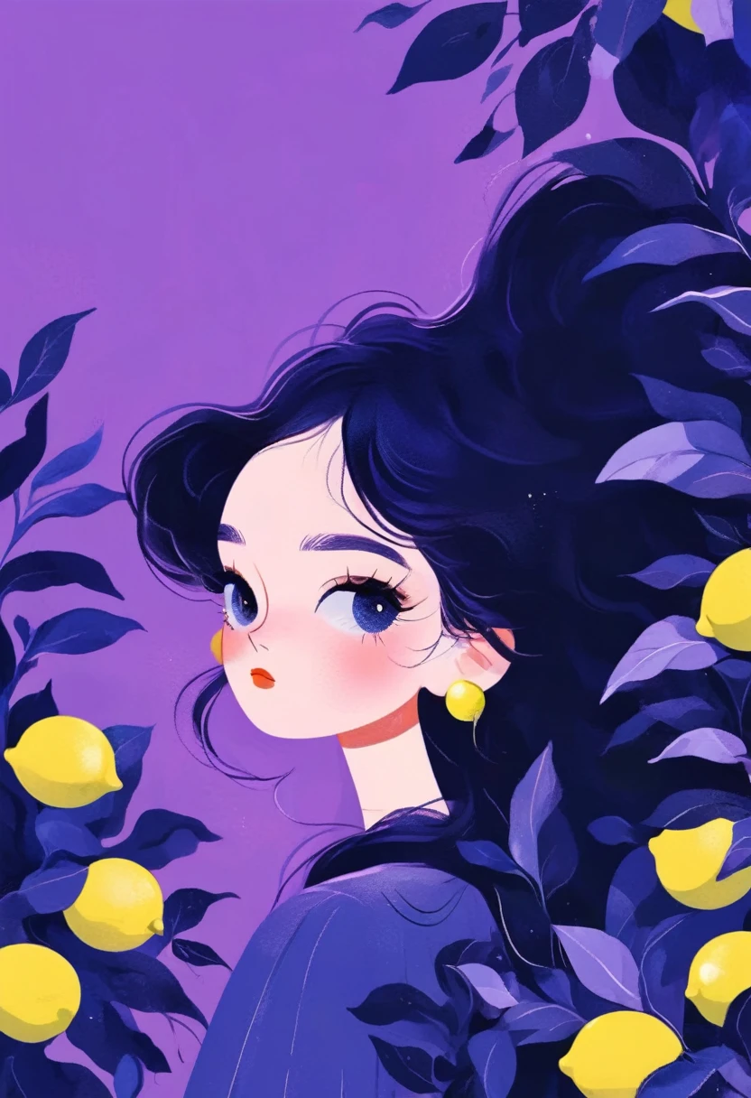 A girl，In the style of illustrator Malika Favre,Rich details,whole body, Lemon and plants, Use bold shapes and simple vector art style, Simple and clean composition,Purple background,