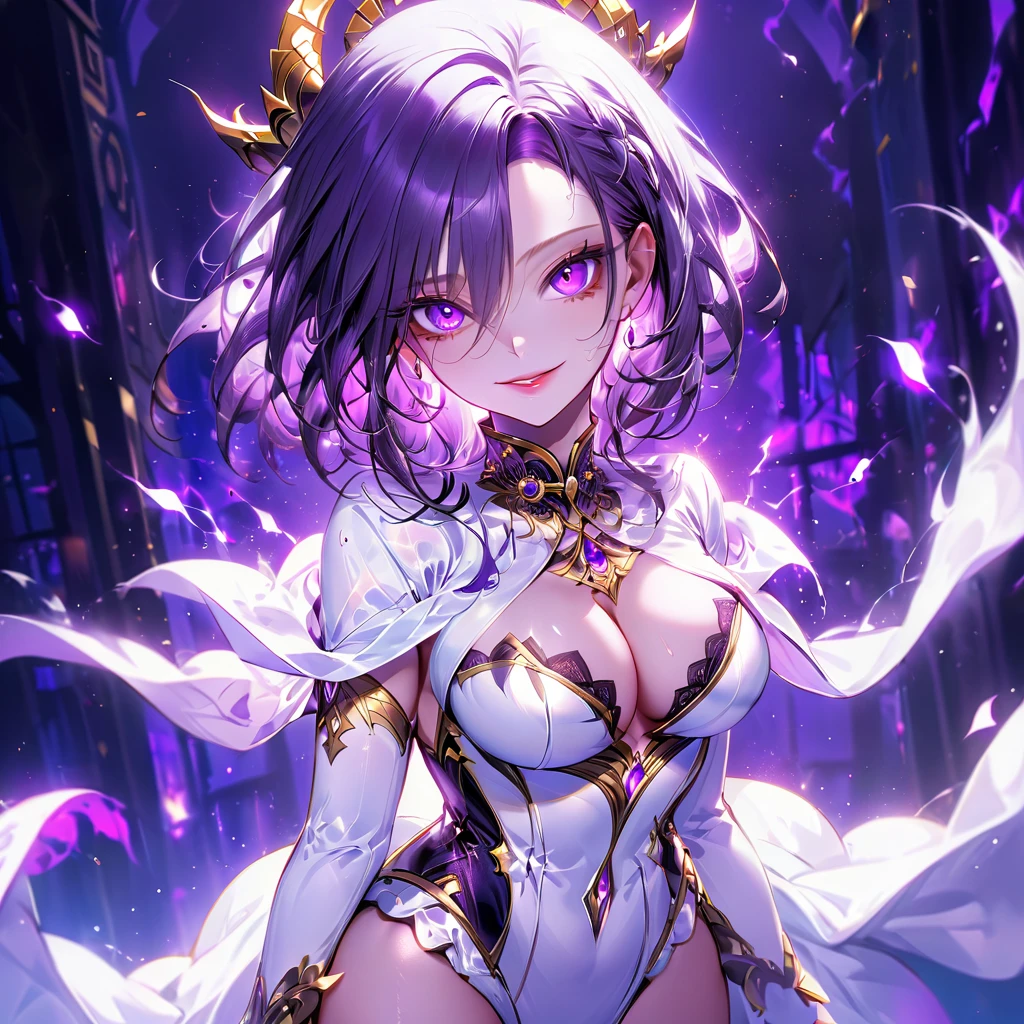 masterpiece, best quality, Detailed eyes, detailed face, Solo, Male, athletic build, Aasimar, white short hair, golden eyes, ((gold eyes)), wearing black outfit with gold trim, wearing a gem, (((purple gem))), wings, ((angle wings)), holding a candle, big window behind character, candles in background, (facing viewer, (extremely detailed CG unity 8k wallpaper), (best quality), (best illustration), (best shadow), absurdres, realistic lighting, (Abyss), beautiful detailed glow, art by PeterMohrBacher,