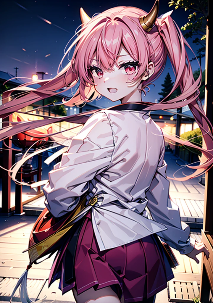 Aria h kanzaki,horn,Pink Hair,Long Hair,low Twin tails,Red eyes,happy smile, smile, Open your mouth,pink kimono,Thick sleeves,Long skirt,日本のfestival,夏festivalの屋台,Red Lantern,night,night空のfirework,firework,場所はfirework大会,時間はnightです,sunny day,turn around,as if,walk, break looking at viewer, Upper Body, (Cowboy Shot:1. 5),
break outdoors, festival,shrine,
break (masterpiece:1.2), Highest quality, High resolution, unity 8k wallpaper, (shape:0.8), (Beautiful attention to detail:1.6), Highly detailed face, Perfect lighting, Highly detailed CG, (Perfect hands, Perfect Anatomy),