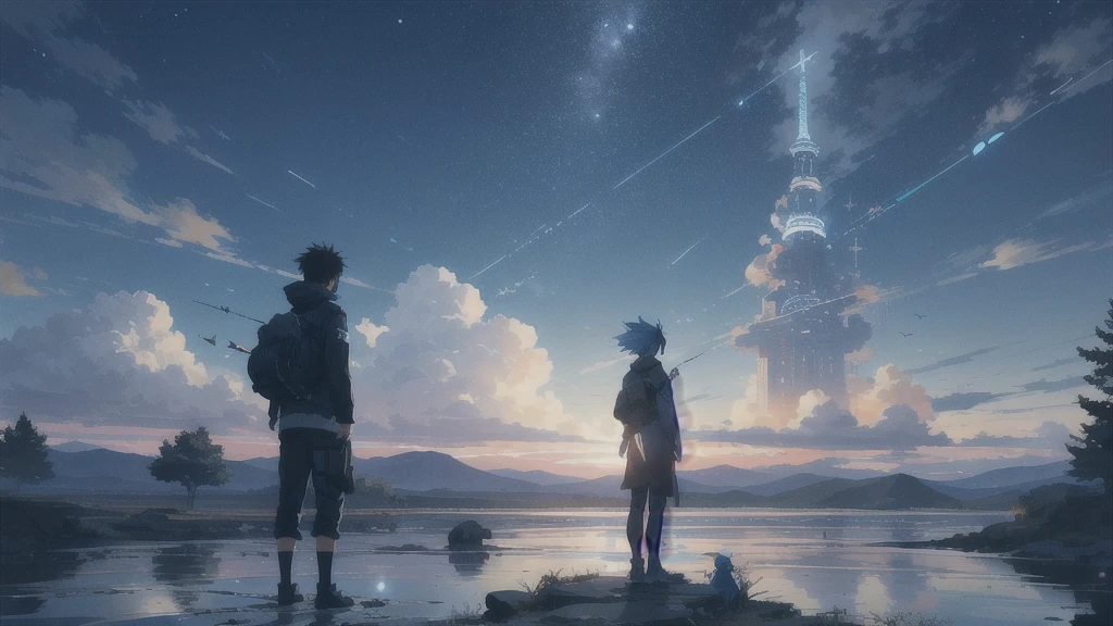 真っ暗なnight空,Octane, star (null), scenery, Blue parakeet,The acoustic guitar is in front of the body.,star, night, A girl and a boy standing back to back, Back view, alone, Outdoor, city,river,Blue parakeet,building, cloud, 天のriver,silhouette