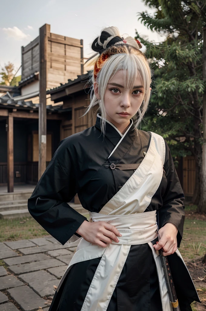 kimetsu no yaiba style, 1girl, white hair in a bun, demon slayer uniform, solo, yellow eyes,holding a katana ,white hair, all black cape, all black haori, outdoors, bangs, tree,, anime coloring,  ((masterpiece)) ,  night background , beautiful girl, cute, solo , crying face , ((high quality)) , standing solo