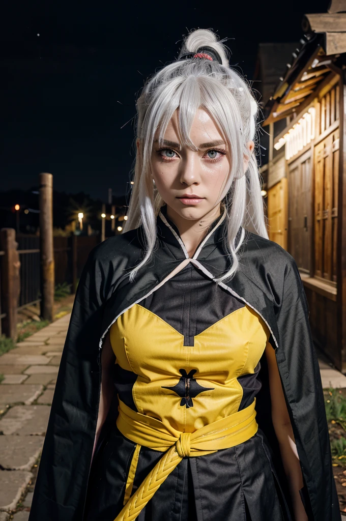 kimetsu no yaiba style, 1girl, white hair in a bun, demon slayer uniform, solo, yellow eyes,holding a katana ,white hair, all black cape, all black haori, outdoors, bangs, tree,, anime coloring,  ((masterpiece)) ,  night background , beautiful girl, cute, solo , crying face , ((high quality)) , standing solo