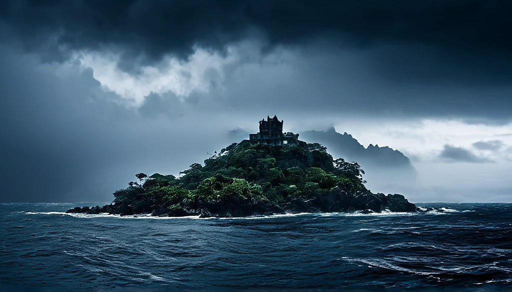 A breathtaking panoramic view of a mysterious dark fantasy island in the middle of the vast ocean,dark fantasy and horror,  bathed in the fog and stormy clouds, captured with the cinematic quality of a DSLR camera, with a touch of film grain adding to the sense of realism and drama, showcasing the island's beguiling and deadly beauty, storm on ocean, deadly rocky ring around island