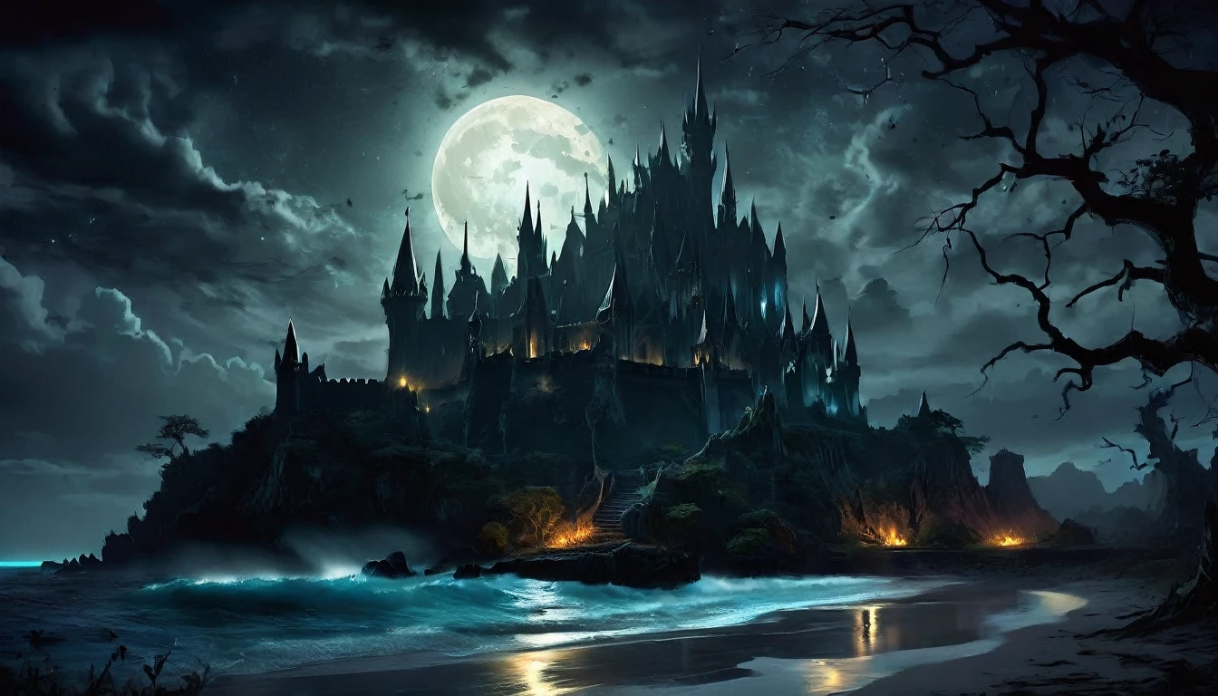 arafed, dark fantasy art, goth art,  an award winning digital picture, National Geographic picture of a dark mysterious island at night, it is night time, a dark island, dark gloomy beach, skull on the beach, some large ancient trees, a dark castle, lit with torches, necromancy magic, full moon, some stars,  Ultra-high resolution, High Contrast, (masterpiece:1.5), highest quality, Best aesthetics), 16K fantasy art, best details, best quality, highres, (ultra wide angle: 1.2), 16k, [ultra detailed], masterpiece, best quality, (extremely detailed), ladyshadow, magical sky, NecromancyAI