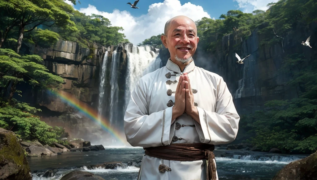 A middle-aged rather thin oriental man with a bald short beard puts his hands together，Showing goodbye，Eyes looking into the camera，Wearing a two-piece light-colored Chinese dress，Standing in the forest with waterfall，There are birds flying，There are white clouds in the blue sky，There is a rainbow above the waterfall，Beautiful and high-definition picture，The details are very clear，With depth of field