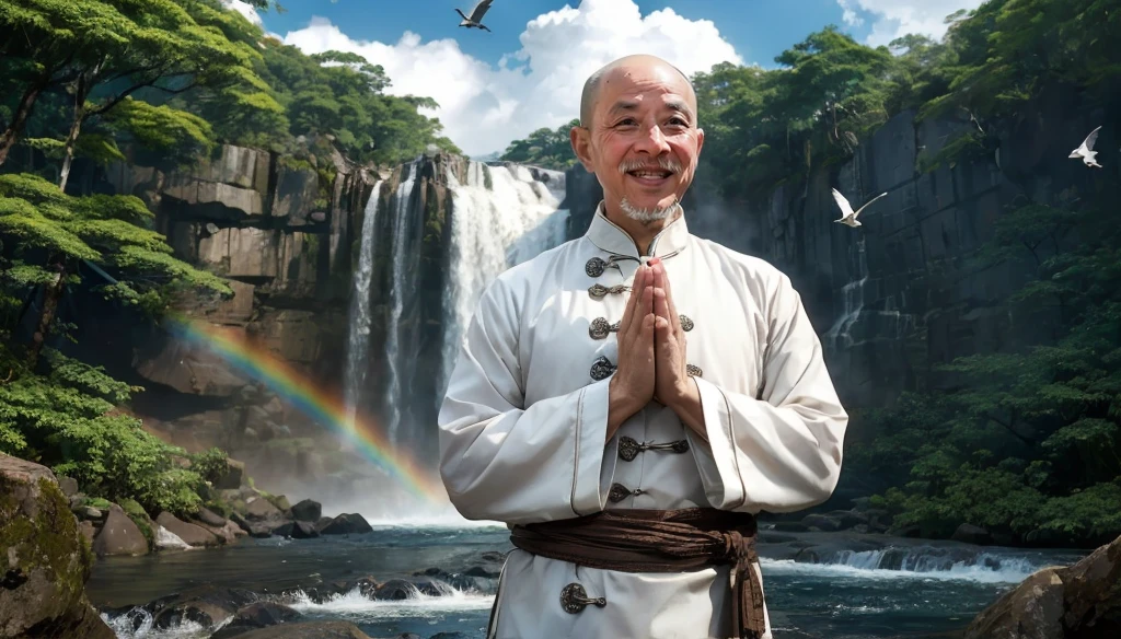 A middle-aged rather thin oriental man with a bald short beard puts his hands together，Showing goodbye，Eyes looking into the camera，Wearing a two-piece light-colored Chinese dress，Standing in the forest with waterfall，There are birds flying，There are white clouds in the blue sky，There is a rainbow above the waterfall，Beautiful and high-definition picture，The details are very clear，With depth of field