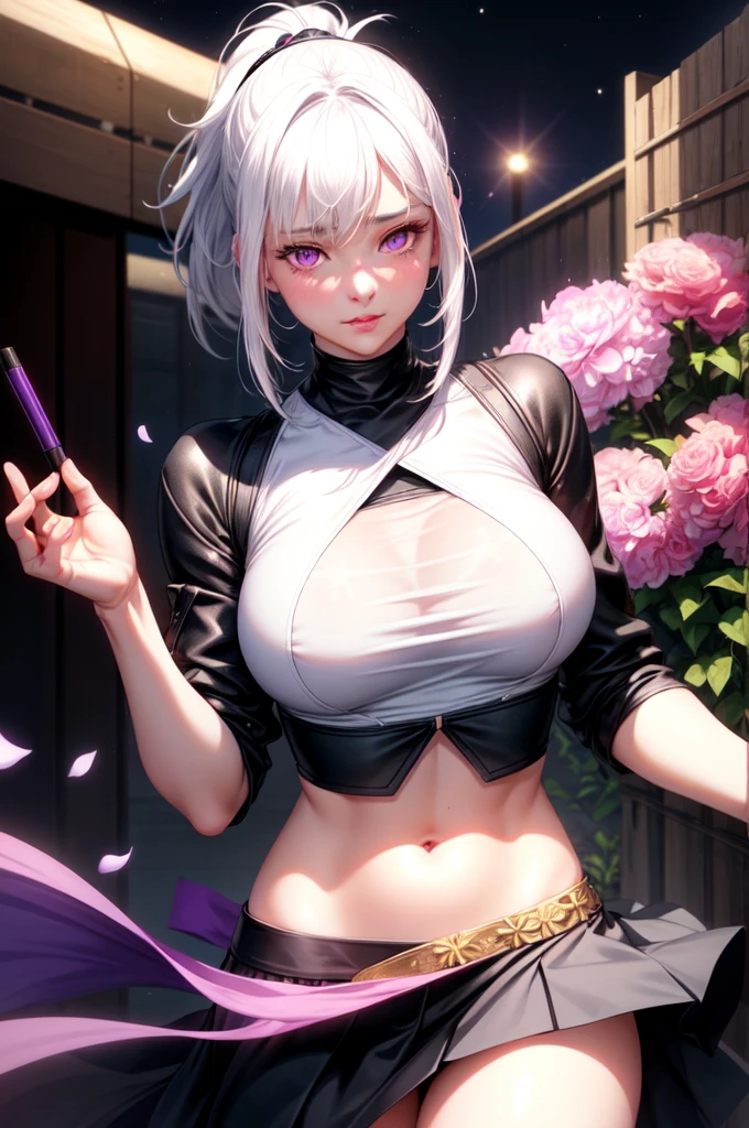 realistic, 1girl, white hair , ponytail , purple eyes , glowing eyes, black crop top, skirt, parted lips, blush, night, flowers, sun, sunlight,
