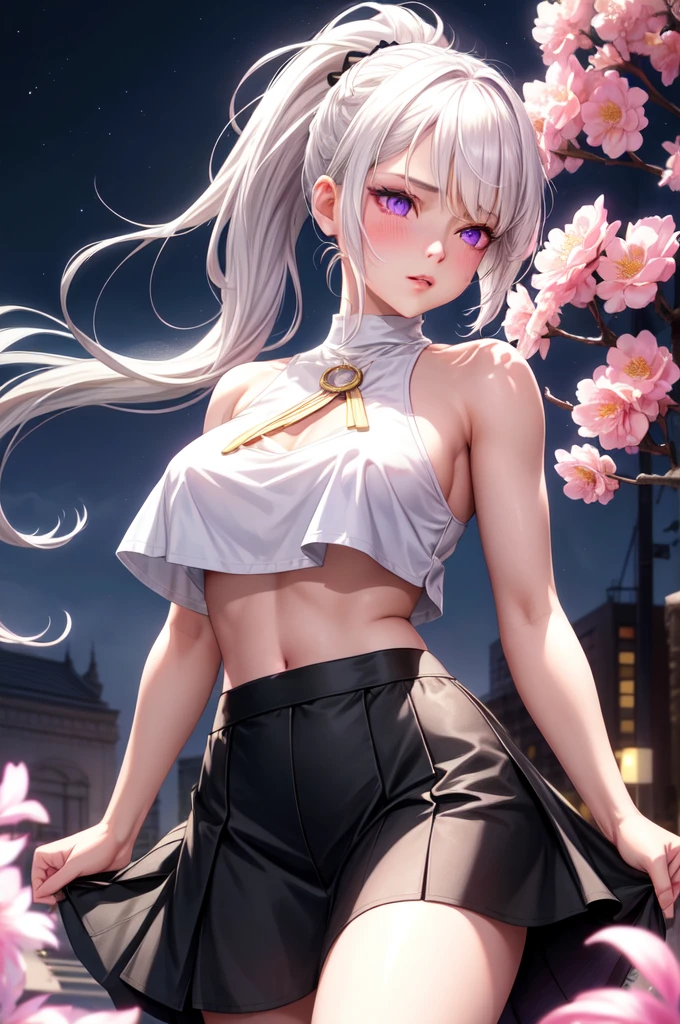 realistic, 1girl, white hair, purple eyes, bright eyes, cropped top, skirt, lips half-open, blush, night, flowers, sun, sunlight, ultra sexy, big butt skirt