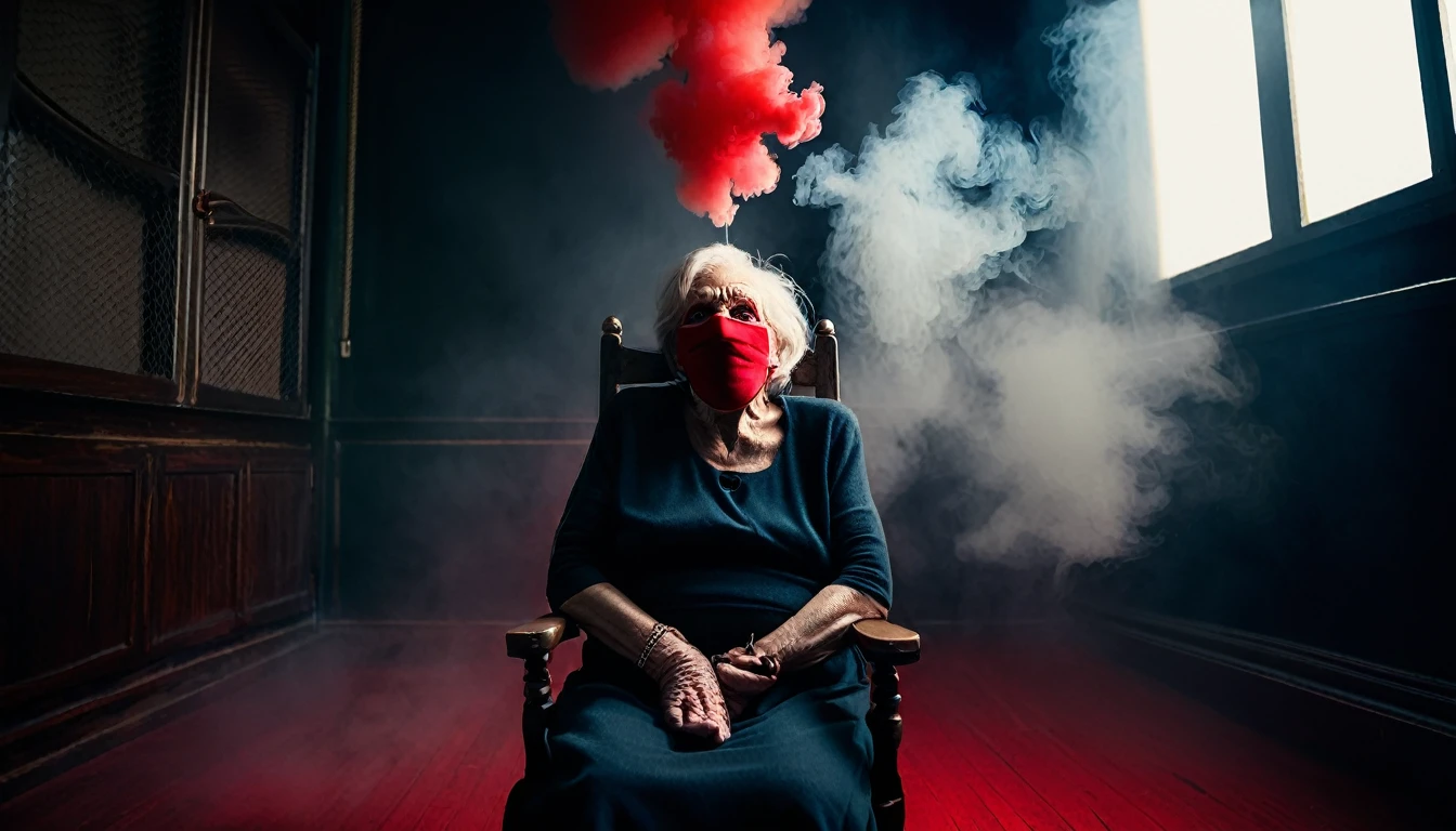An old woman tied to a chair with her mouth gagged , evil dark room , with red smoke , 3 thiefs around