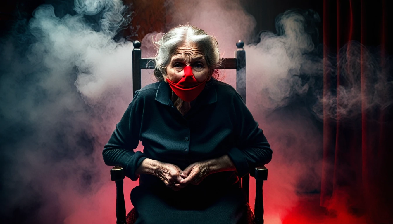 An old woman tied to a chair with her mouth gagged , evil dark room , with red smoke , 3 thiefs around