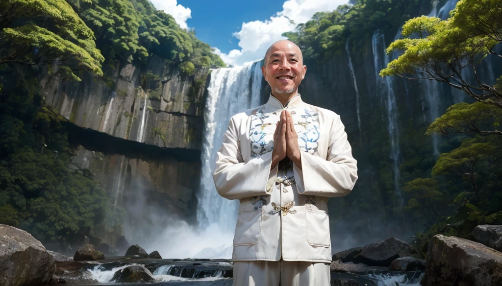 A middle-aged rather thin oriental man with a bald short beard puts his hands together，Showing goodbye，Eyes looking into the camera，Wearing a two-piece light-colored Chinese dress，Standing in the forest with waterfall，There are birds flying，There are white clouds in the blue sky，There is a rainbow above the waterfall，Beautiful and high-definition picture，The details are very clear，With depth of field