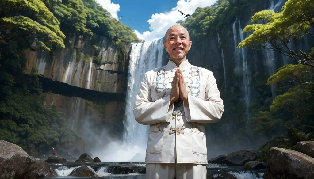 A middle-aged rather thin oriental man with a bald short beard puts his hands together，Showing goodbye，Eyes looking into the camera，Wearing a two-piece light-colored Chinese dress，Standing in the forest with waterfall，There are birds flying，There are white clouds in the blue sky，There is a rainbow above the waterfall，Beautiful and high-definition picture，The details are very clear，With depth of field