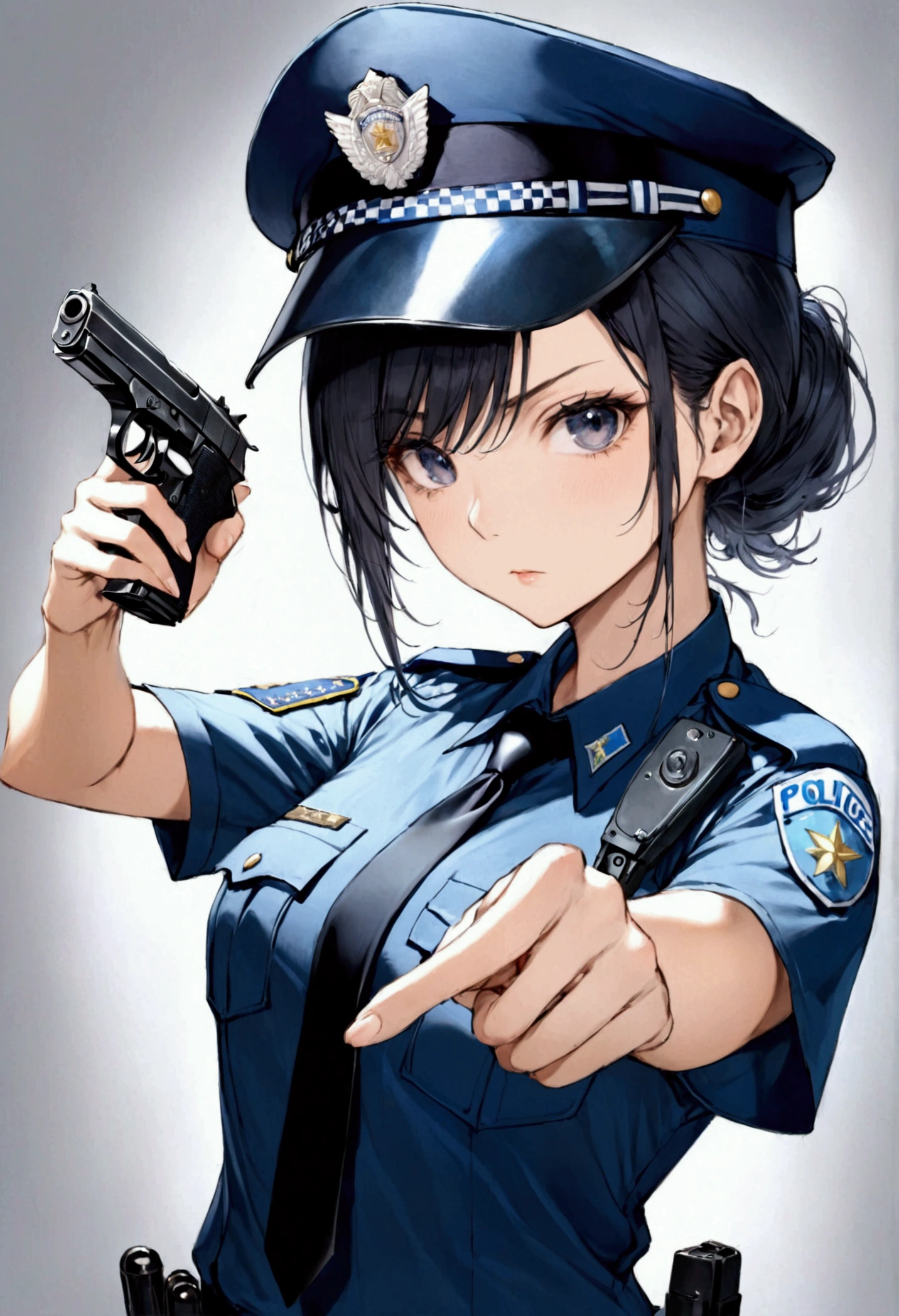 1 girl, , cap, Policewoman, Sexy,Holding a pistol，Index finger on the trigger of the pistol