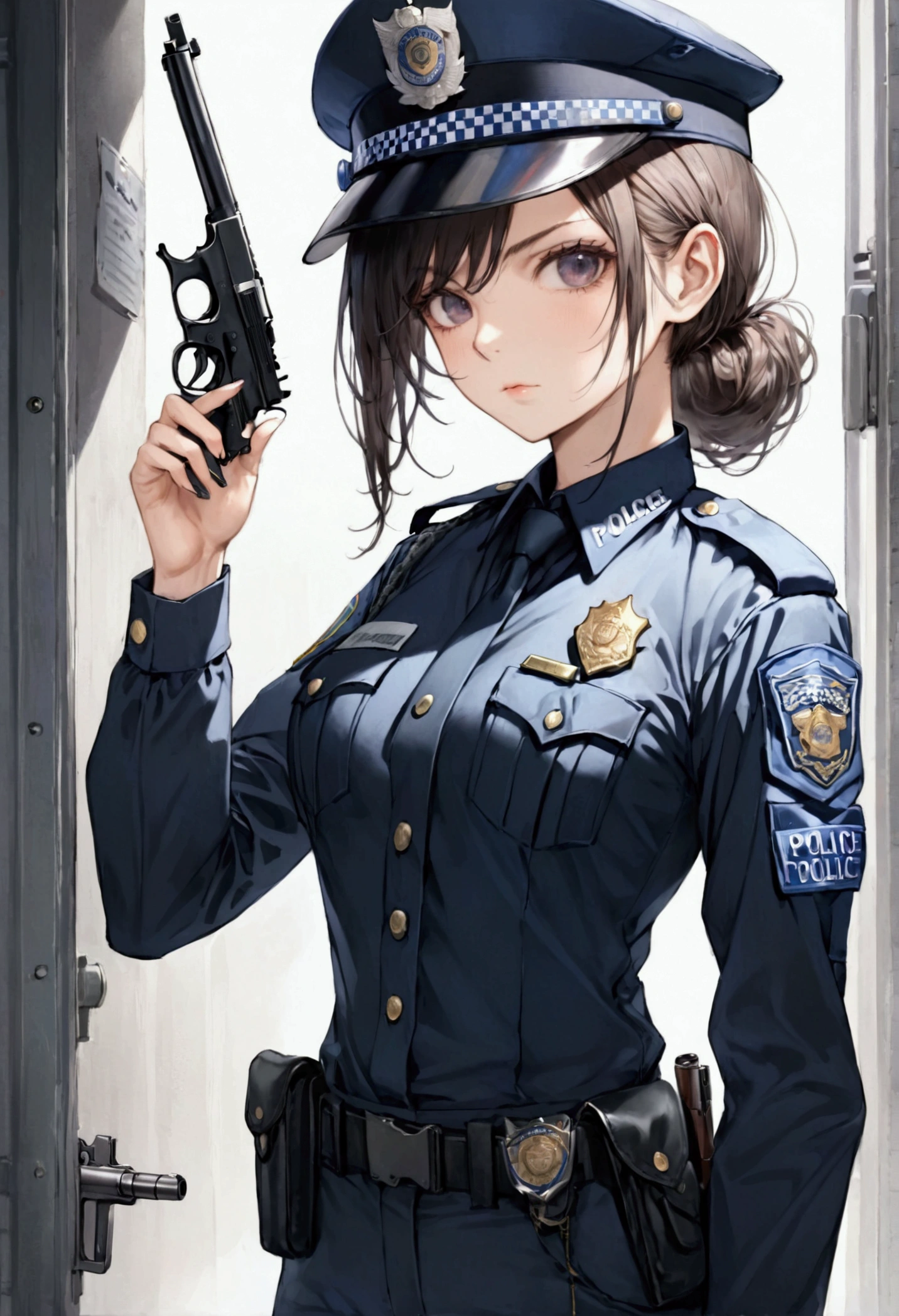 1 girl, , cap, Policewoman, Sexy,Holding a pistol,Index finger on the trigger of the pistol